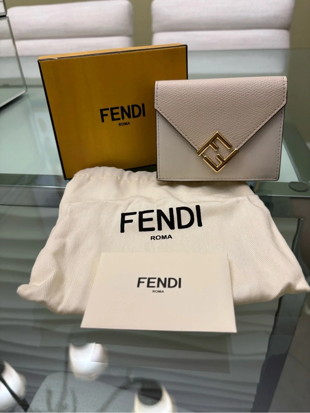 Authentic Fendi Tri-fold light pink and Cream Leather Wallet with Gold FF Logo